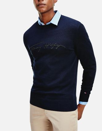 Tommy Hilfiger Mens TOMMY HILFIGER Mens Sweatshirt Signature Embossed Logo Fleece Pullover Crew Neck - Blue - Size: 44