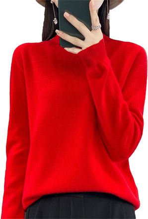 Generic Cashmere Sweaters for Women, 100% Cashmere Long Sleeve Crew Neck Soft Warm Pullover Knit Jumpers Trendy Plus Size (Bright Red,2XL)