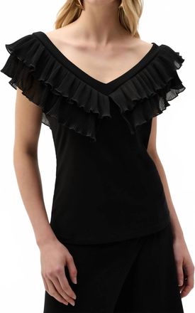 Joseph Ribkoff Silky Knit And Georgette Fitted Top With Pleats In Black