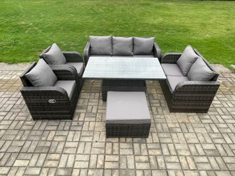 Fimous Rattan Outdoor Garden Furniture Sets Height Adjustable Rising lifting Dining Table Reclining Chair Dark Grey Mixed