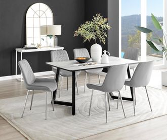 Furniturebox Carson White Marble Effect Dining Table & 6 Pesaro Silver Chairs in Grey
