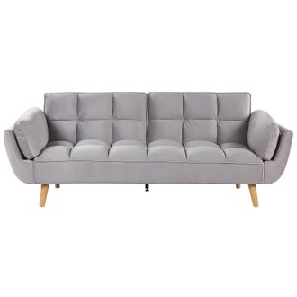 Beliani Sof&aacute; Cama Tapizado En Tela De Terciopelo Gris 3 Plazas Patas De Madera Relleno De Espuma Espalda Dividida Relleno De Galleta Asby