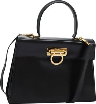 Ferragamo Gancini Convertible Top Handle Bag Leather Black Leather Handbag (Pre-Owned)