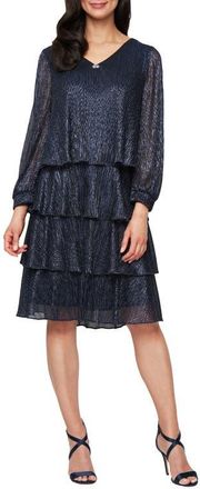 S.L. Fashions Metallic Long Sleeve Drop Waist Cocktail Dress in Navy at Nordstrom, Size 14