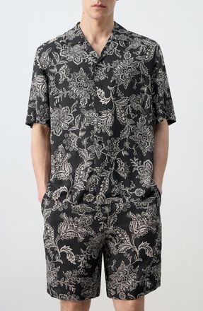 Mango Floral Print Camp Shirt in Black at Nordstrom, Size X-Large