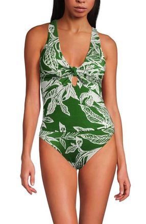 Lands End Shine Ribbed Tankini Top and High Waisted Bottom Swimsuit Set in Green Etched Leaves Shine at Nordstrom, Size X-Large