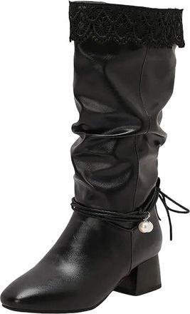 Generic Womens Retro Mid Calf Boots Round Toe Med Square Heel Slip On With Decorative Lace Up Detail Color Block Design