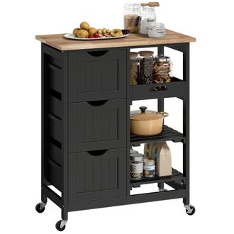 OEM Carro De Cocina Carrito Auxiliar Con Ruedas Con 3 Cajones 2 Estantes Abiertos Y Bandeja Extra&iacute;ble 67x37x85,5 Cm Negro