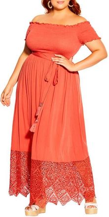 City Chic Off the Shoulder Maxi Dress in Tangerine at Nordstrom, Size Large
