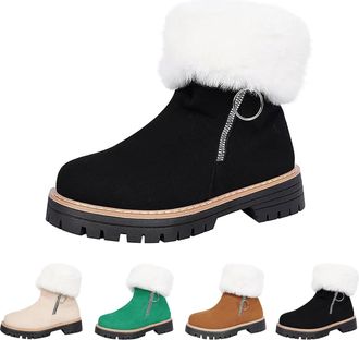 Generic Womens Faux Fur Ankle Snow Boots with Zipper, Fleece Lined Platform Ankle Boots with Side Zipper, Slip On Walking Shoes for Winter Outdoor (Black,3.5)