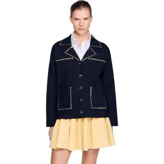 Sandro Studded blazer collar cardigan in Navy Blue at Nordstrom, Size X-Small