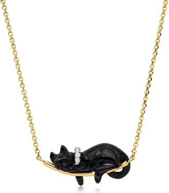 Ross-Simons Black Agate Cat Necklace With White Topaz in 18kt Gold Over Sterling