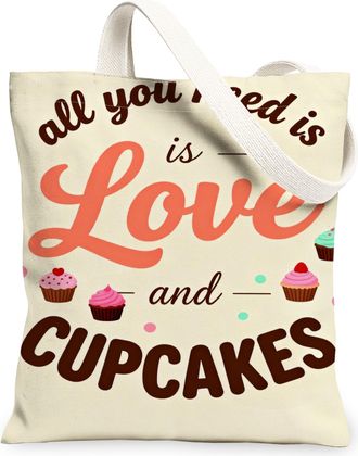 Generic Love Cupcake Canvas Tote Bags, Sweet Treat Pattern Reusable Grocery Bags, Casual Vintage Lightweight Washable Shoulder Canv, Beige, 13x15 Inch