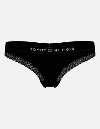 Tommy Hilfiger Womens TH Tonal Logo Lace Thong, Black - Size: 14
