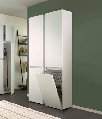 Dmora Armario Multiusos De 2 Puertas Agapanto, Mueble Para Lavander&iacute;a De 2 Puertas, Columna De Ba&ntilde;o Con Cesto Para La Ropa, 100% Made In Italy, 45x37h195 Cm