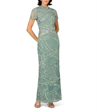 Aidan Mattox Beaded Mesh Short Sleeve Column Long Gown In Green Slate