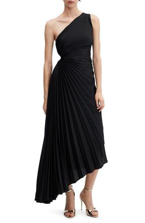 Mango One-Shoulder Side Cutout Pleated Midi Dress in Black at Nordstrom, Size 0