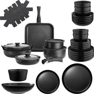 TecTake Set b&aacute;sico de cocina para 6 personas, 41 piezas, gris/negro