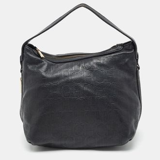 Carolina Herrera Zip Expandable Black Monogram Leather Hobo