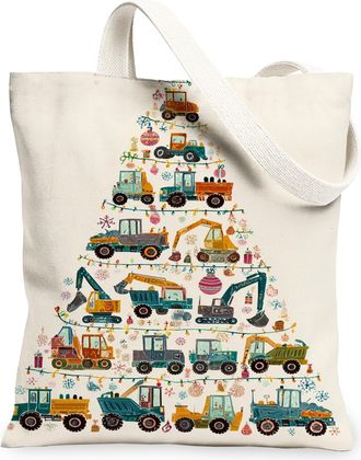 Generic Christmas Construction Vehicle Canvas Tote Bags, Heavy Machinery Design Lightweight Reusable Grocery Bags, Festive Holiday, White, 13x15 Inch