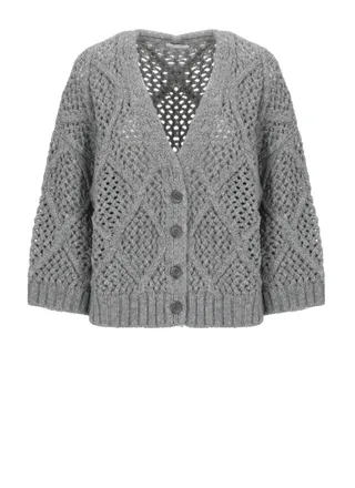 PESERICO Perforated Grey Wool Cardigan With Silver Bead Accents