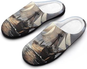 Generic Dutch Ships Sailing Mens House Slippers Memory Foam Washable Cotton Slip on Home Shoes