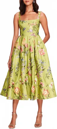 Marchesa Floral Embroidered Dress In Spring Green
