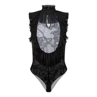 Elisabetta Franchi Bodysuit in Georgette en Kant - Dames - Tops - Zwart - Maat: S Poliester