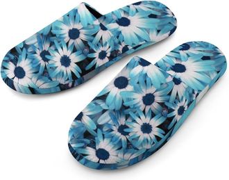 Generic Blue Daisy Floral Warm Mens Slippers Slip On Soft Fleece House Shoes Winter Indoor Outdoor