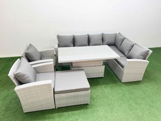 Fimous 9 Seat Rattan Garden Furniture Corner Sofa Set with Stool Light Grey