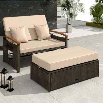 Costway Costway Garden Rattan Daybed Patio Double Wicker Chaise Sun Lounger w/Cushion in Brown