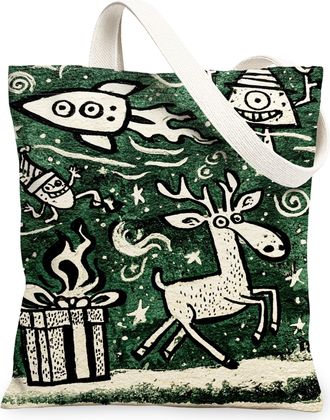 Generic Christmas Reindeer Canvas Tote Bags, Fun Holiday Animal Pattern Reusable Grocery Bags, Festive Lightweight Washable Shoulde, Green, 13x15 Inch