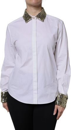 Dolce & Gabbana Womens White Cotton Long Sleeves Sequin Shirt Top Polyester Elastane