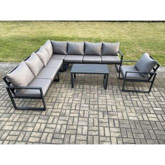 Fimous Fimous Aluminium Patio Outdoor Garden Furniture Lounge Corner Sofa Set with Oblong Coffee Table Chair Dark Grey
