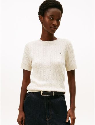 Tommy Hilfiger Womens Short-Sleeve Cable Knit Shimmer Sweater - Beige - XXL