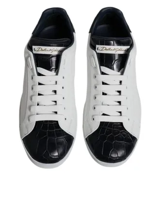 Dolce & Gabbana Mens White Black Leather Portofino Sneakers Shoes And Calfskin Crocodile