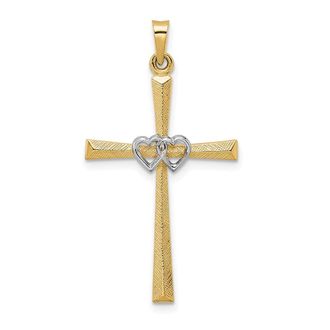 Diamond2Deal 14k Two-tone Gold Solid Double Hearts Cross Pendant