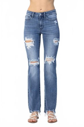Judy Blue Destroyed Straight Mid-Rise Jeans In Medium Blue