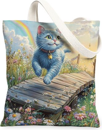 Generic Spring Russian Blue Cat Canvas Tote Bag for Shopping 13x15, Country Garden Kitten Reusable Grocery Print Pattern Bag for Women, Fun Flower Pet Beach A