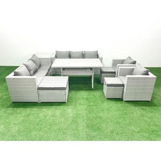 Fimous Rattan Garden Furniture Set Outdoor 8 Seater Patio Dinin g Sofa Sets with Dining Table 2 Chairs Side Table 3 Footstools Light Grey Mixed - Fimous