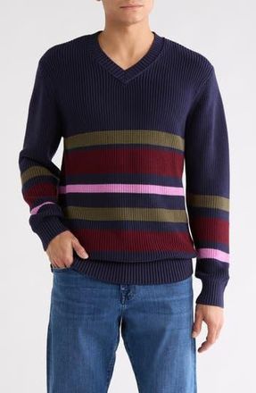 Scotch & Soda Striped Regular Fit V-Neck Sweater in Dark Green at Nordstrom Rack, Size Medium