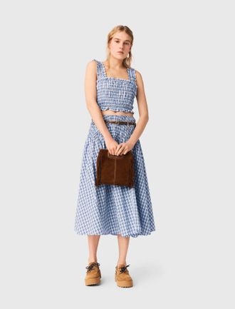 Maje Smocked Rhinestone Cotton Top - Blue Check Print - Maje