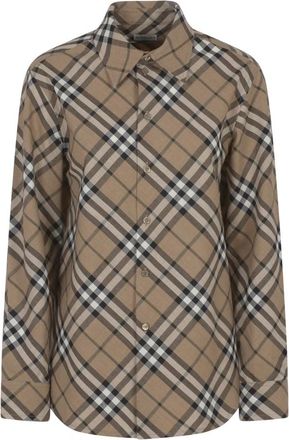 Burberry Shirt met Ruitmotief van Wolmix - Dames - Overhemden - Bruin - S - Wol - Overhemden