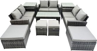 Fimous Outdoor Love Sofa Set 10 Seat Rattan Garden Furniture Set with Oblong Coffee Table 4 Stools 2 Side Table Dark Grey Mixed - Fimous