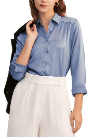 LilySilk Long Sleeves Collared Silk Blouse in Azure at Nordstrom, Size Medium