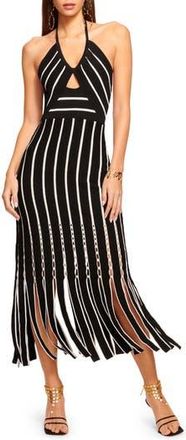 Ramy Brook Frida Stripe Halter Midi Dress in Black/Ivory Textured Fringe at Nordstrom Rack, Size Medium