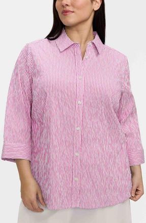 Foxcroft Hampton Stripe Three-Quarter Sleeve Button-Up Shirt in White/Pink at Nordstrom, Size 1 X