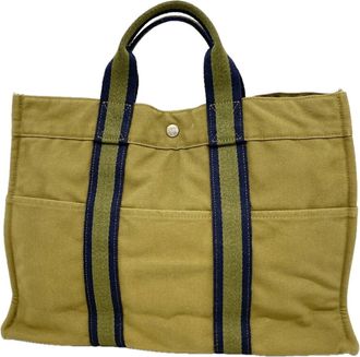 Herm&egrave;s Khaki Canvas Tote Bag (Pre-Owned)