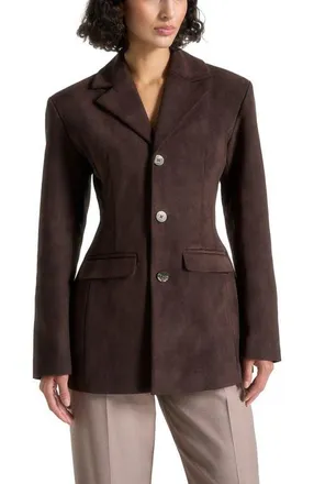 Mani&egrave;re De Voir Claire Suede Wide Shoulder Cinch Waist Blazer in Brown at Nordstrom, Size 16