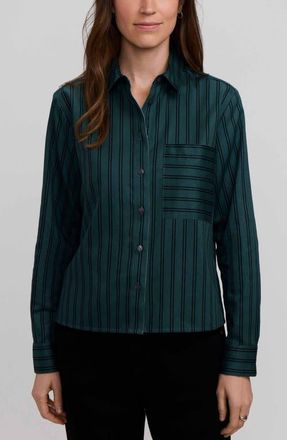 Foxcroft Jodie Stripe Cotton Button-Up Shirt in Deep Teal Green/Black at Nordstrom, Size X-Small